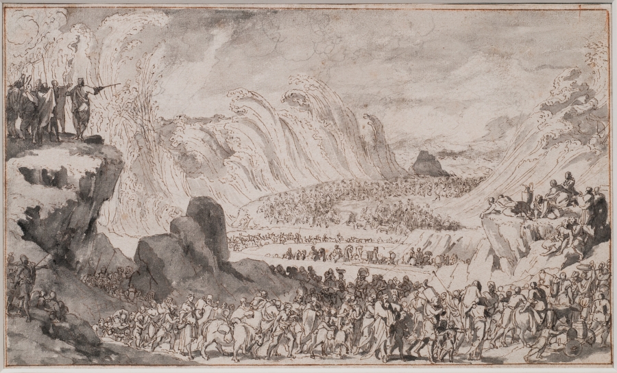 Illustration of Moses parting the Red Sea for the Israelites to pass